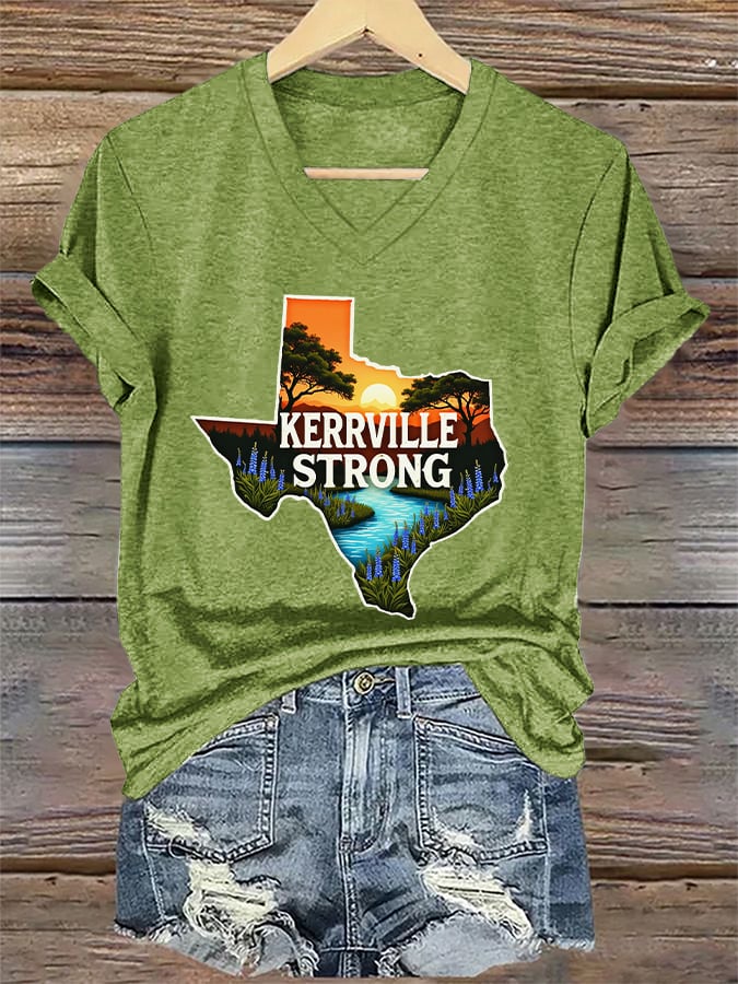 🙏💔Join us in praying for Texas.🙏V-Neck Retro Kerrville Strong Print T-Shirt