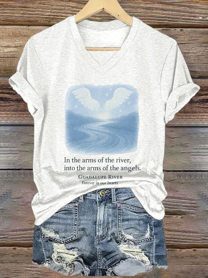 🙏💔Join us in praying for Texas.🙏V-Neck Retro Texas Strong In The Arms Of The River, Into The Arms Of The Angels. Guadalupe River Forever In Our Hearts Print T-Shirt