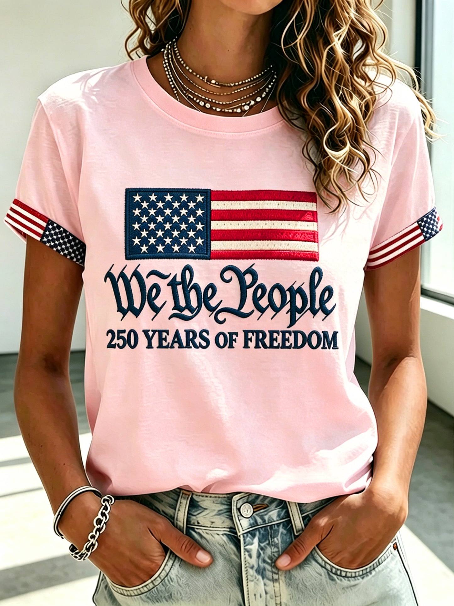 Women'S Casual 250 Commemorative Printed Embroidered Round Neck Short Sleeved T-Shirt