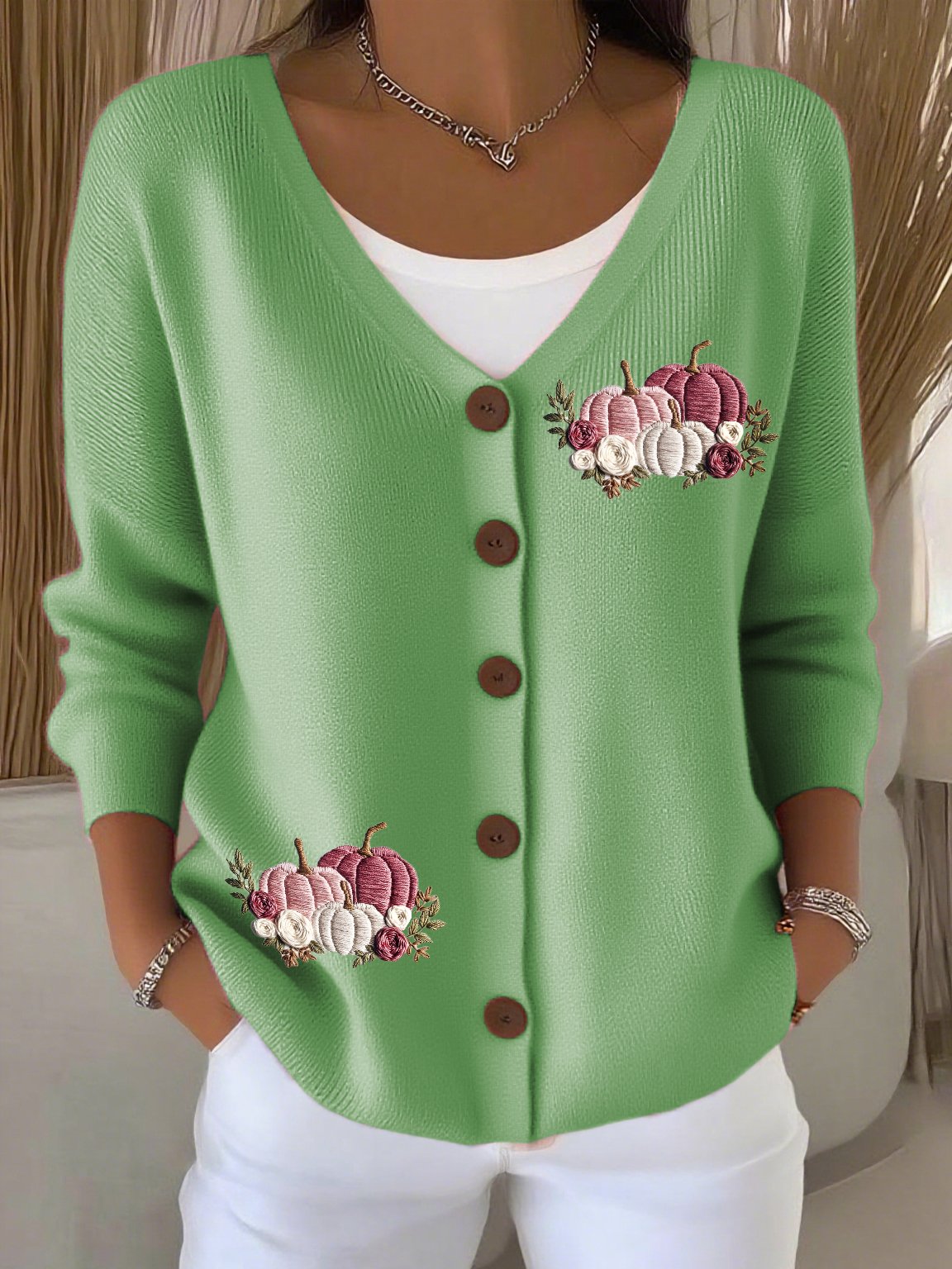 Women's Casual Autumn And Winter Pink Pumpkin Cardigan