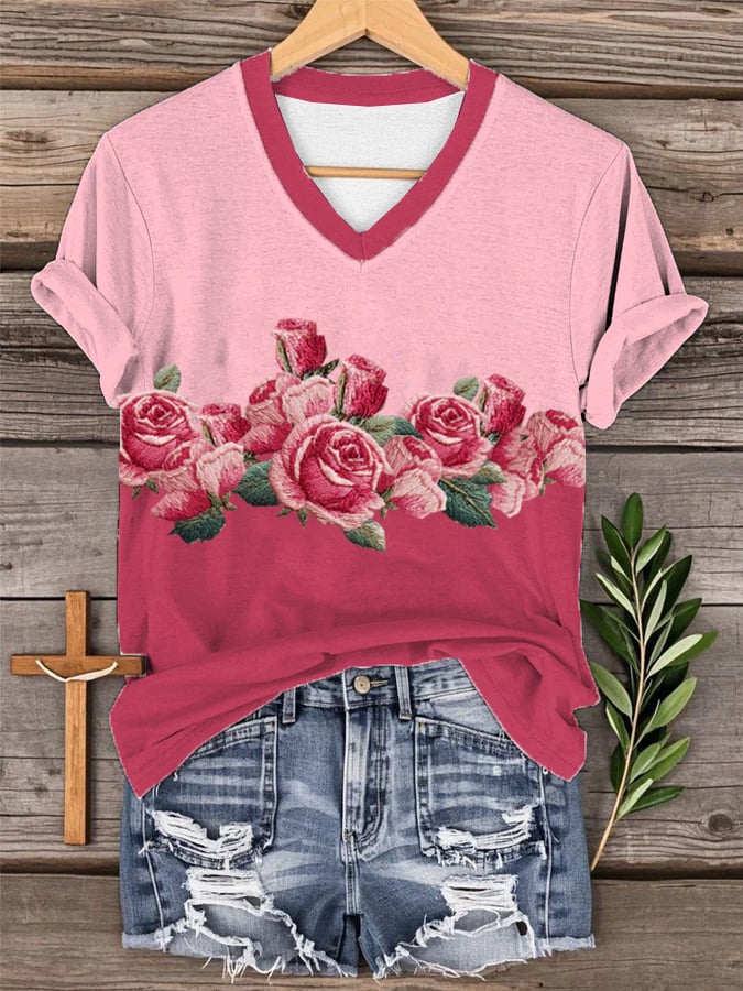 Women's Pink Rose Art Breast Cancer Awareness Print Casual T-Shirt