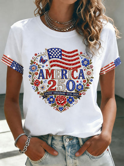 Women'S American Independence Day 250Th Anniversary Printed Short Sleeved T-Shirt