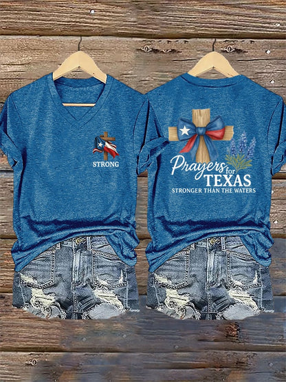 🙏💔Join us in praying for Texas.🙏V-Neck Retro Texas Strong Prayers For Texas Stronger Than The Waters Faith Cross Print T-Shirt