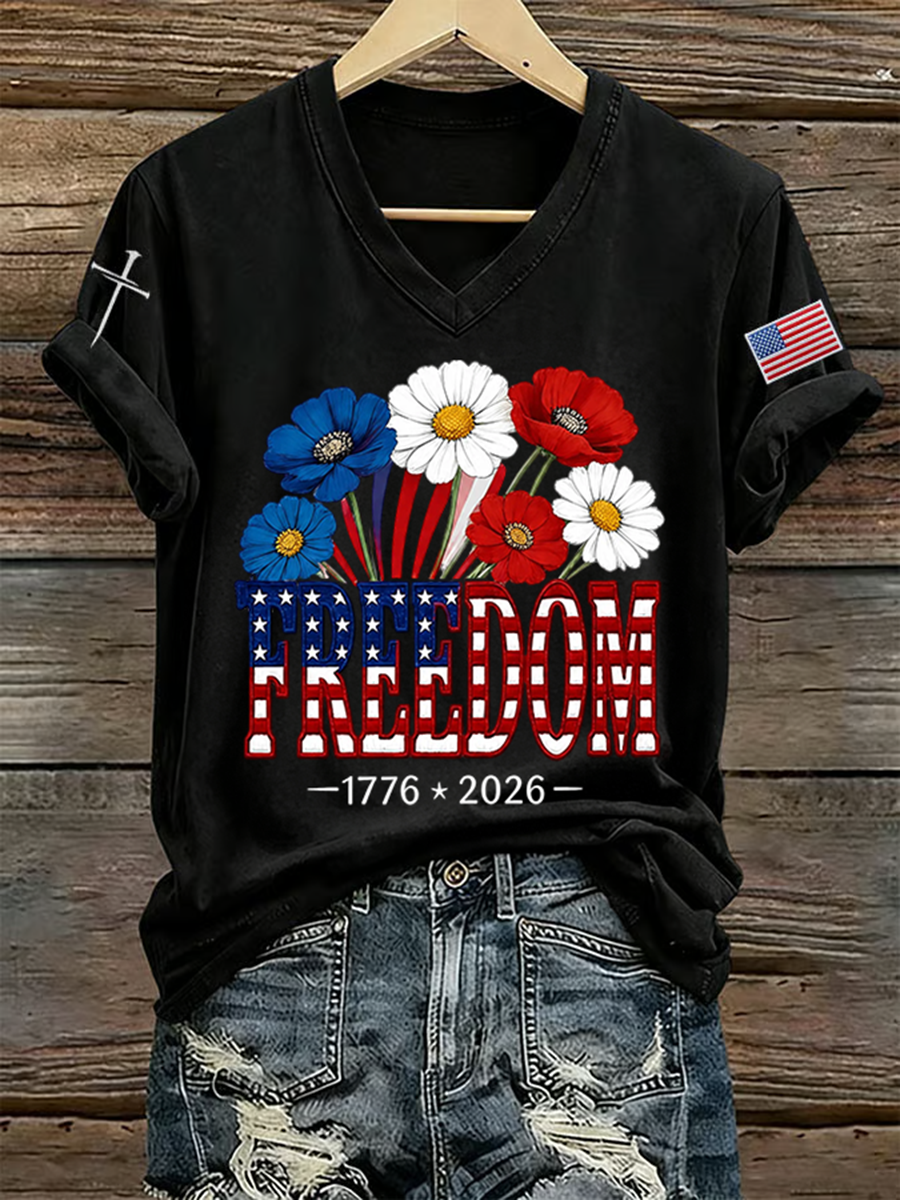Women's Retro Freedom American Flag Cross Printed Short-Sleeve T-Shirt