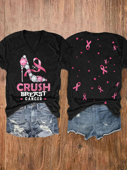 Women's Casual Breast Cancer Awareness Printed Short Sleeve T-Shirt