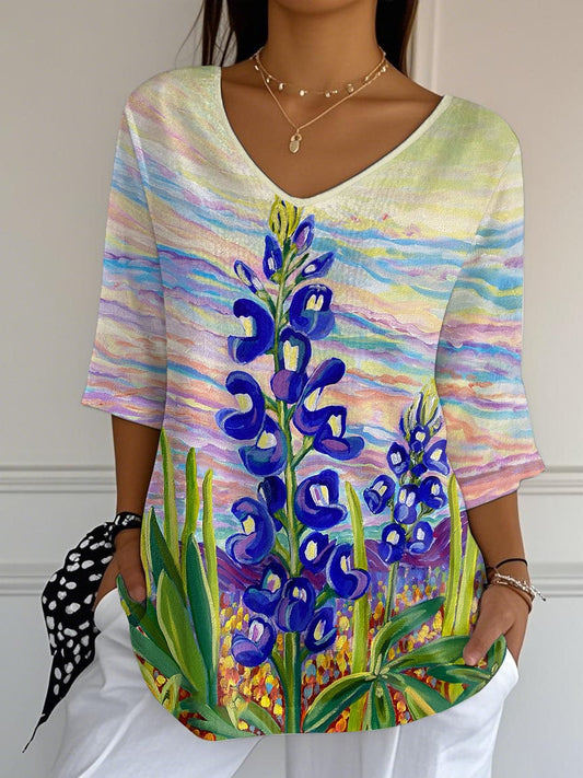 🙏💔Join us in praying for Texas.🙏Women's Retro Texas Bluebonnet Print Mid Sleeve T-Shirt
