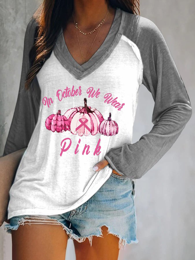 In October We Wear pink Print V-Neck Casual T-Shirt