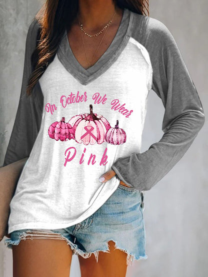 In October We Wear pink Print V-Neck Casual T-Shirt