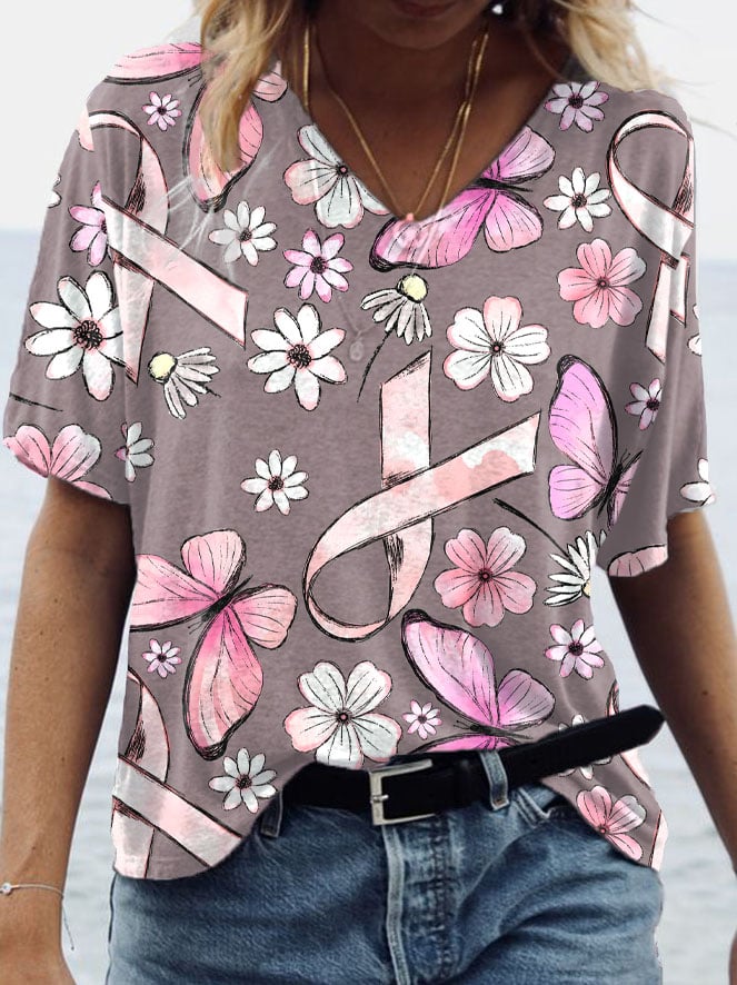 Women's Breast Cancer Awareness Pink Ribbon Print V-Neck T-Shirt