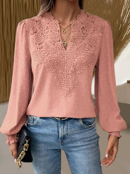 Women's Breast Cancer Pink V-Neck Lace Solid Color Long Sleeve Casual Top