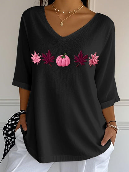Women's Casual Pink Maple Leaf Bubble Wrinkle Top