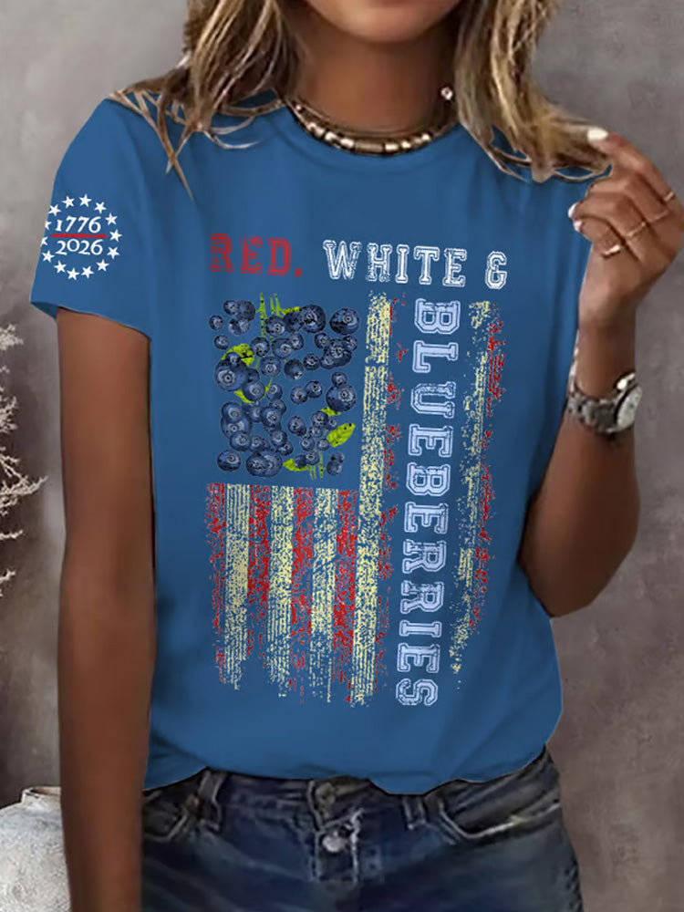 Retro Red White And Blueberries United States Of America • 1776–2026 Print T-Shirt
