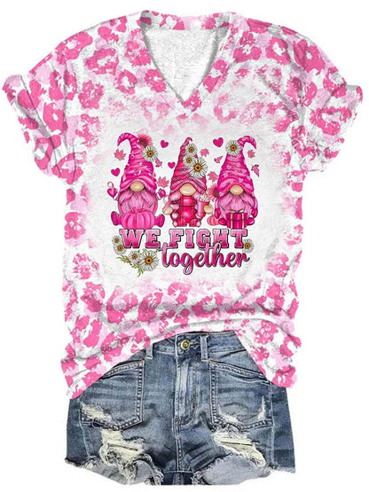 Breast Cancer Awareness V-Neck Leopard Gnomes We Fight Together Print T-Shirt