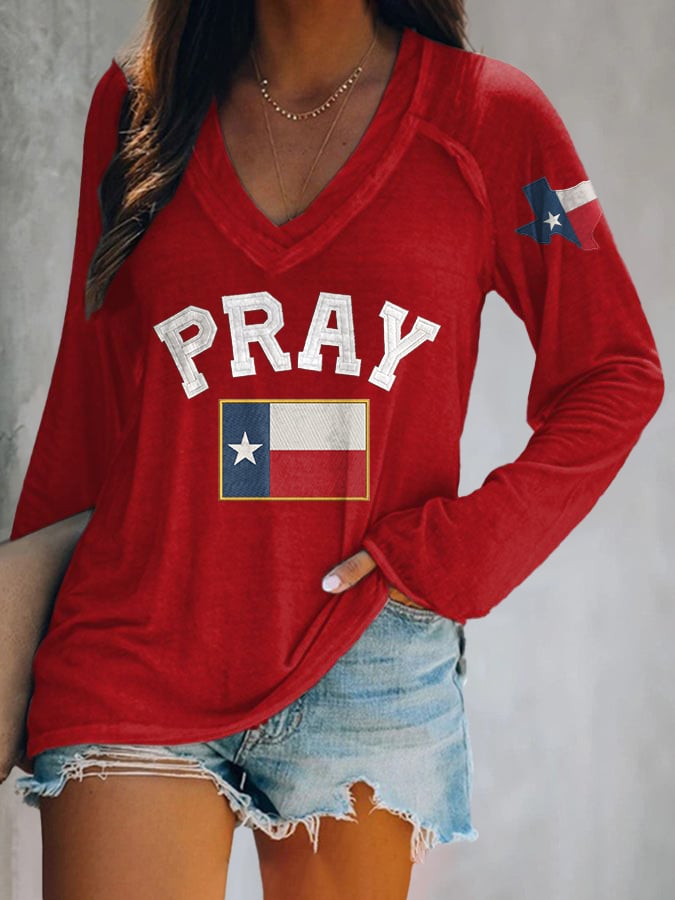 🙏💔Join us in praying for Texas.🙏V-neck Retro Pray For Texas Texas Strong Print T-Shirt