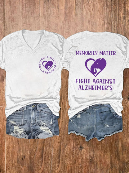Women's Memories Matter Fight Against Dementia Alzheimer's Printed V-Neck T-Shirt