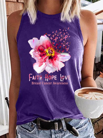 Women's Faith Hope Love Breast Cancer Ribbon Flower Daisy Print Tank Top