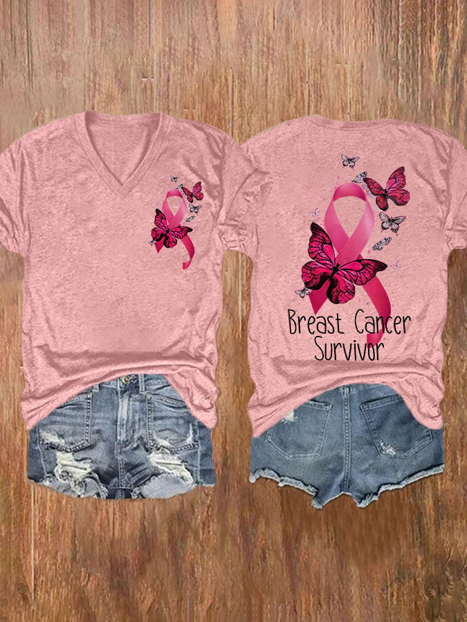 Breast Cancer Survivor Pink Ribbon And Butterfly Print Short Sleeve Casual T-Shirt