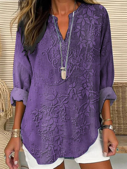 Women's Purple Art Floral Cotton And Linen Shirt