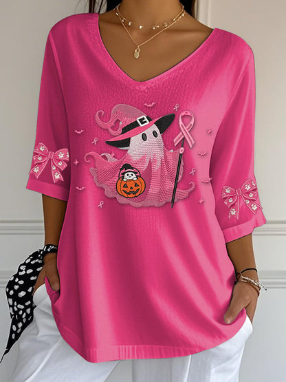 Women's Casual Pink Ghost Bubble Wrinkled Three-Quarter Sleeve Top
