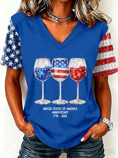 Women'S America Flag Floral Print Casual V-Neck T-Shirt