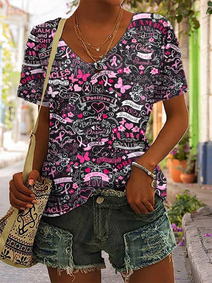Women's Powerful Breast Cancer Awareness Pink Ribbon Print V-Neck T-Shirt