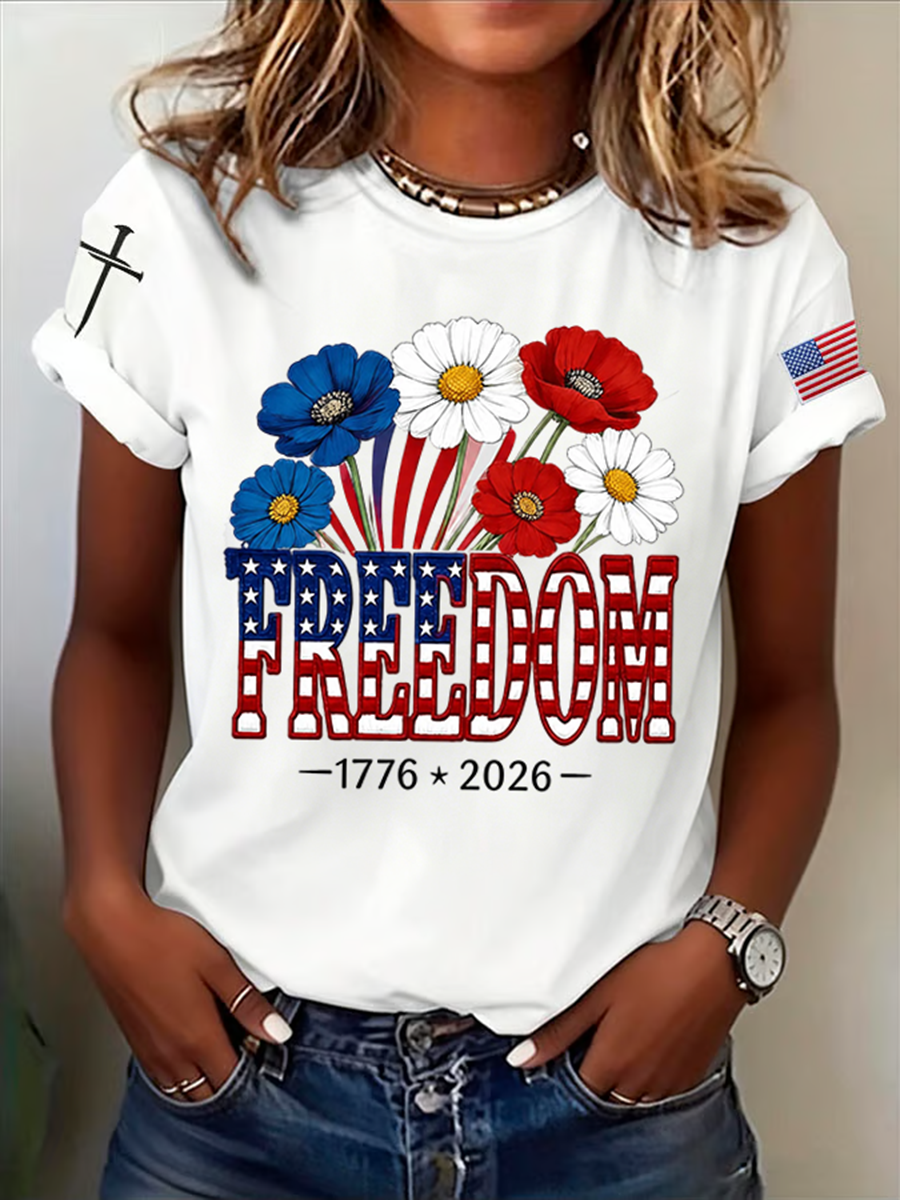 Women's Retro Freedom American Flag Cross Print T-Shirt