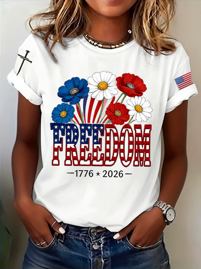 Women's Retro Freedom American Flag Cross Print T-Shirt