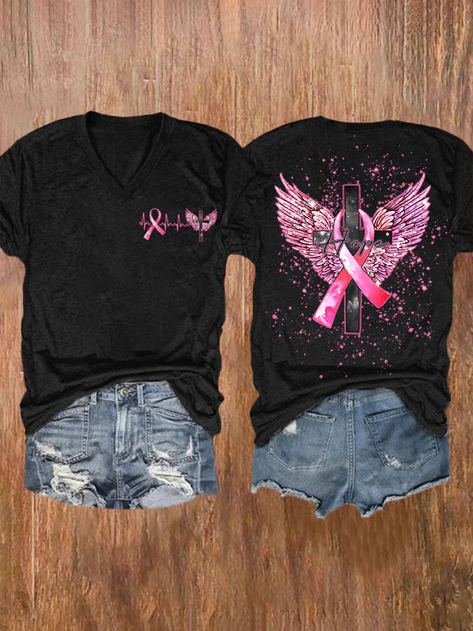 Hope Pink Ribbon Cross Angel Wings Ribbon Heartbeat Breast Cancer Print Short Sleeve Casual T-Shirt