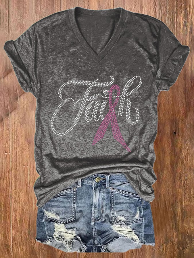 Retro V-neck Breast Cancer Awareness Faith Print T-Shirt