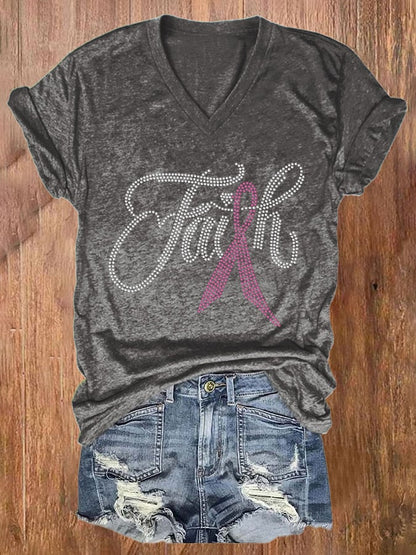 Retro V-neck Breast Cancer Awareness Faith Print T-Shirt