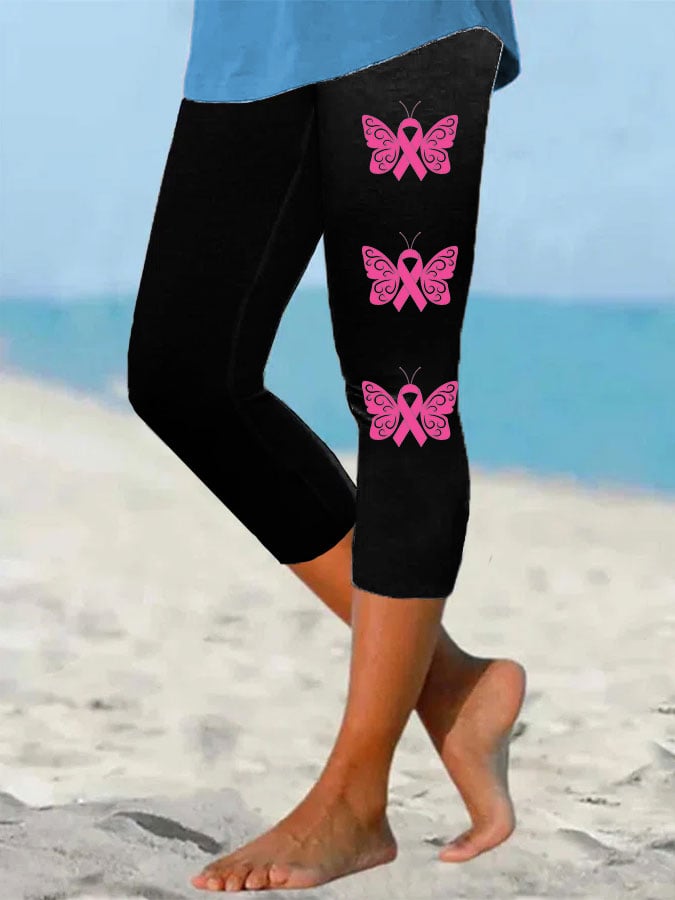 Women's Butterfly Awareness Ribbon Breast Cancer Awareness Print Cropped Leggings