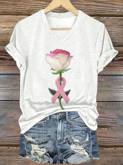 Women's embroidered pink floral print T-shirt