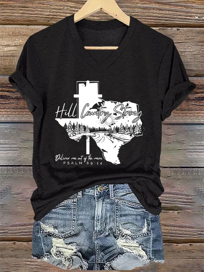 🙏💔Join us in praying for Texas.🙏V-Neck Retro Texas Strong Hill Country Strong Deliver Me Out Of The Mire Psalm 69:14 Print T-Shirt