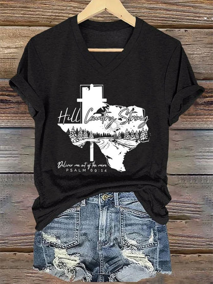 🙏💔Join us in praying for Texas.🙏V-Neck Retro Texas Strong Hill Country Strong Deliver Me Out Of The Mire Psalm 69:14 Print T-Shirt