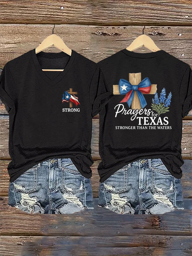 🙏💔Join us in praying for Texas.🙏V-Neck Retro Texas Strong Prayers For Texas Stronger Than The Waters Faith Cross Print T-Shirt