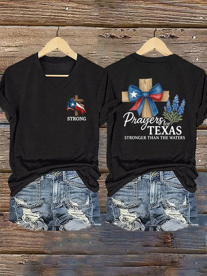 🙏💔Join us in praying for Texas.🙏V-Neck Retro Texas Strong Prayers For Texas Stronger Than The Waters Faith Cross Print T-Shirt