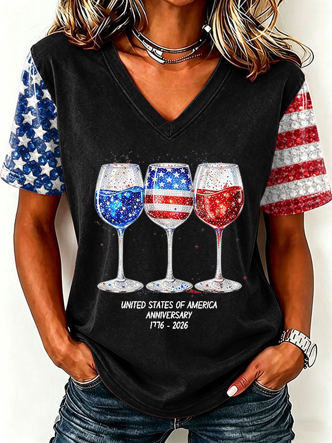 Women'S America Flag Floral Print Casual V-Neck T-Shirt