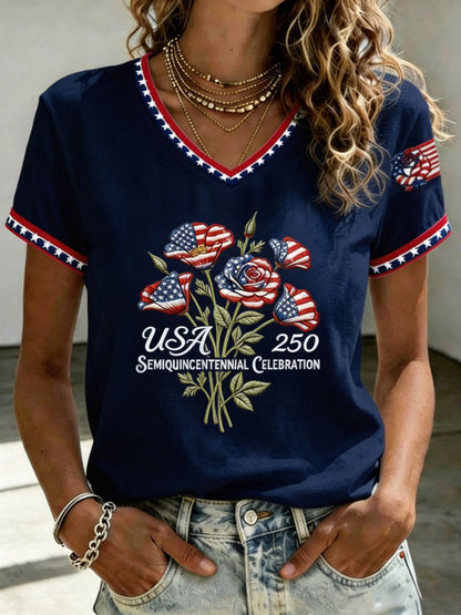 U.S. 250th Anniversary Rose Art Women's V-Neck T-Shirt
