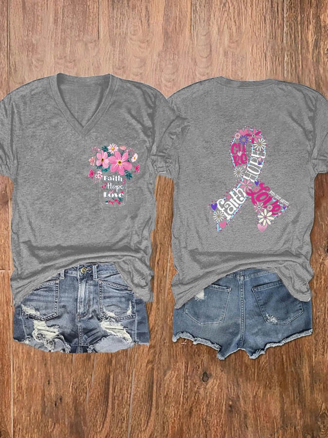 Women's Faith Hope Love Breast Cancer Awareness Print V-Neck T-Shirt