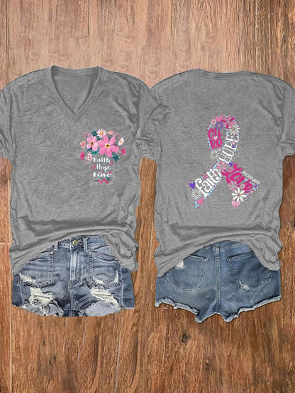Women's Faith Hope Love Breast Cancer Awareness Print V-Neck T-Shirt