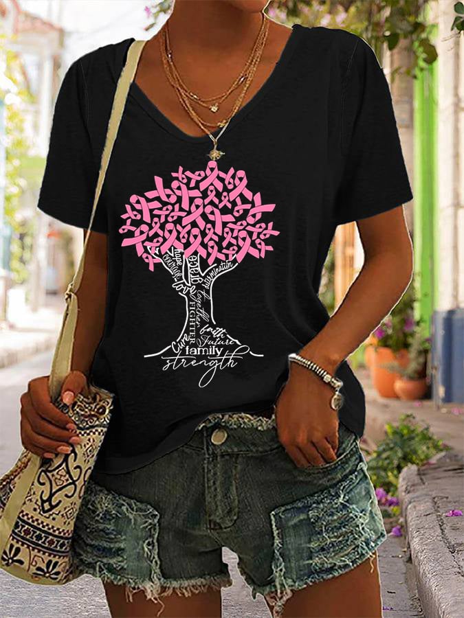 Women's Breast Cancer Awareness Cancer Fighter Pink Ribbon Tree Printed V-Neck Tee