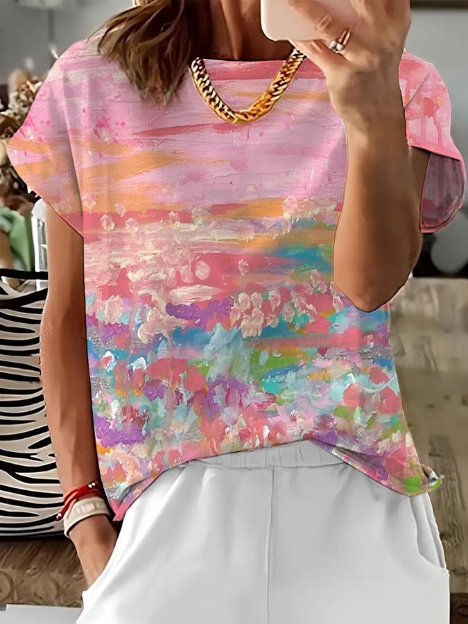 Women's Casual Retro Pink Oil Painting Art T-Shirt