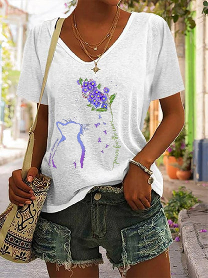 Women's Paws For The Cure Dementia Alzheimer's Disease Awareness Print V-Neck T-Shirt