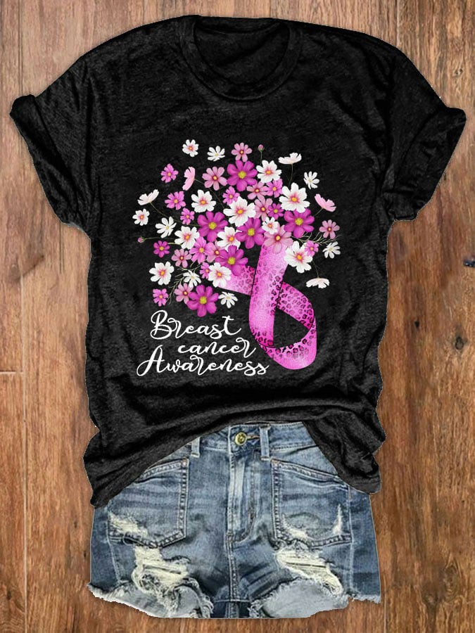 Women's Floral Breast Cancer Awareness Pink Ribbon Print Crewneck T-Shirt