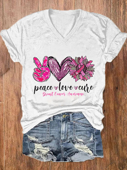 Women's Peace Love Cure Pink Sunflower Breast Cancer  V-Neck Tee