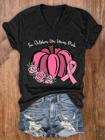 Women's Casual In October We Wear Pink Printed Short Sleeve T-Shirt