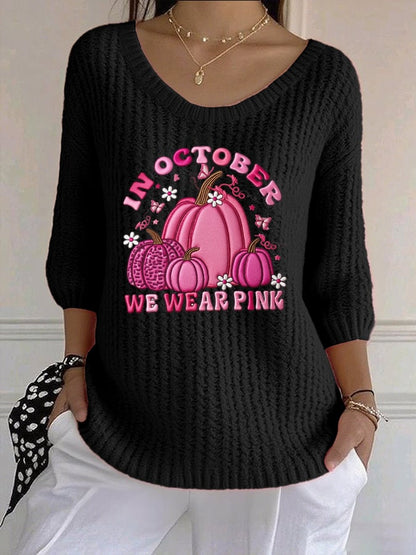 Women's Casual Retro Pink October We Wear Pink Pumpkin Sweater