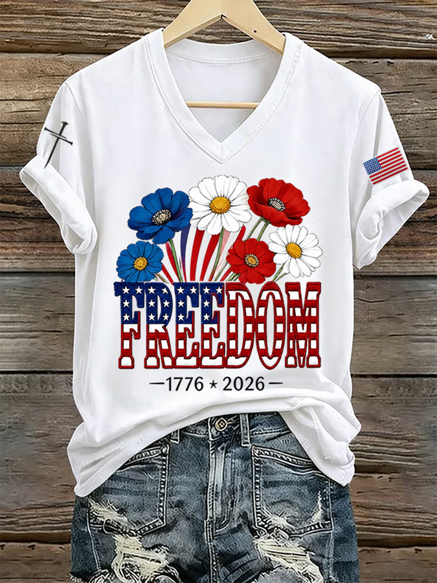 Women's Retro Freedom American Flag Cross Printed Short-Sleeve T-Shirt