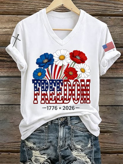 Women's Retro Freedom American Flag Cross Printed Short-Sleeve T-Shirt
