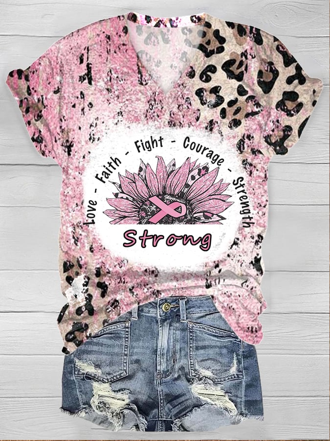 Women's Sunflower Breast Cancer Awareness Print Short Sleeve T-Shirt